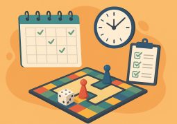 Colorful board games arranged on a table with a planner, illustrating time management tips