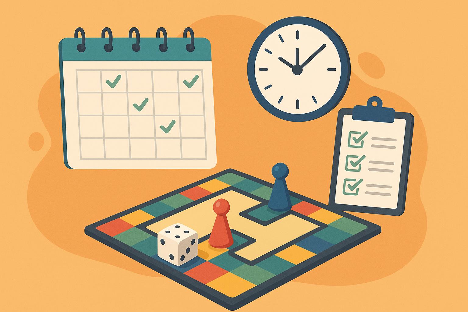 Colorful board games arranged on a table with a planner, illustrating time management tips