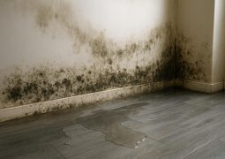 Flooded living room with visible mold on walls, emphasizing water damage and remediation services