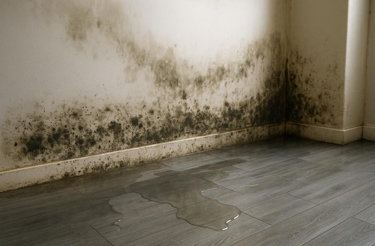 Flooded living room with visible mold on walls, emphasizing water damage and remediation services