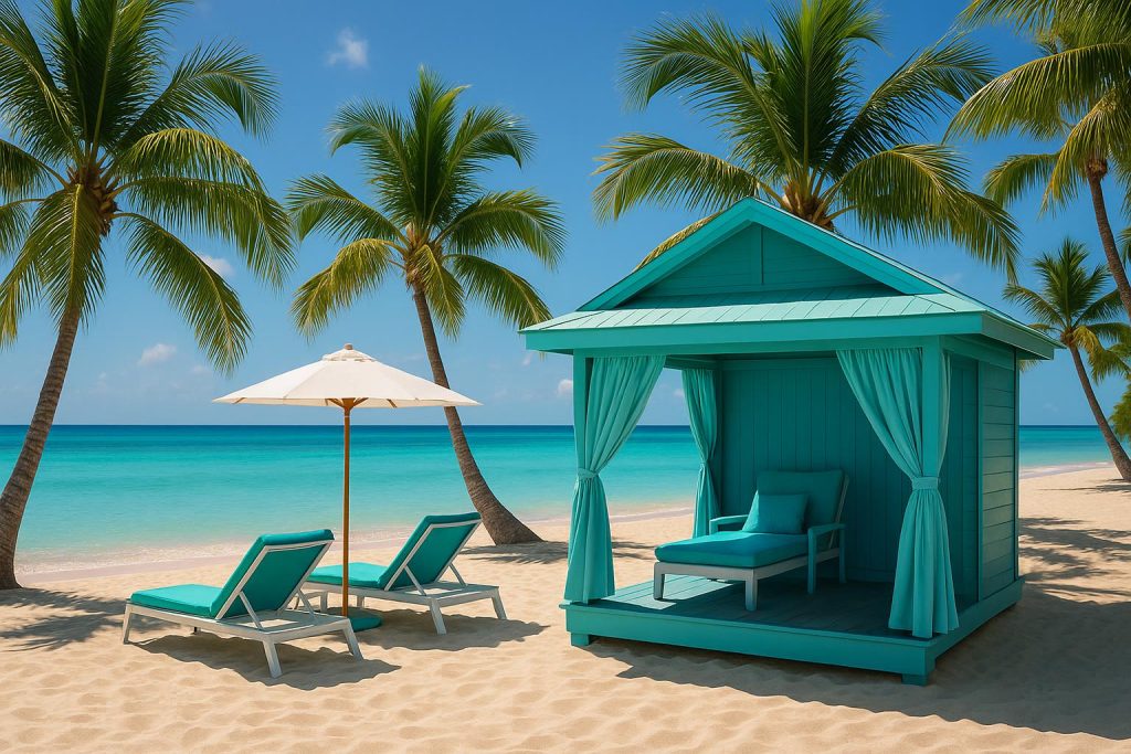 Seaside cabana with striped roof overlooking the ocean, surrounded by palm trees