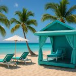 Seaside cabana with striped roof overlooking the ocean, surrounded by palm trees