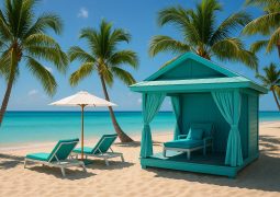 Seaside cabana with striped roof overlooking the ocean, surrounded by palm trees