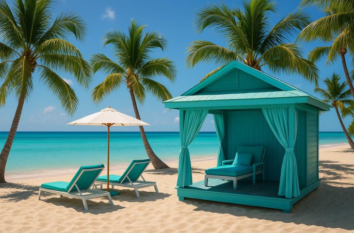 Seaside cabana with striped roof overlooking the ocean, surrounded by palm trees