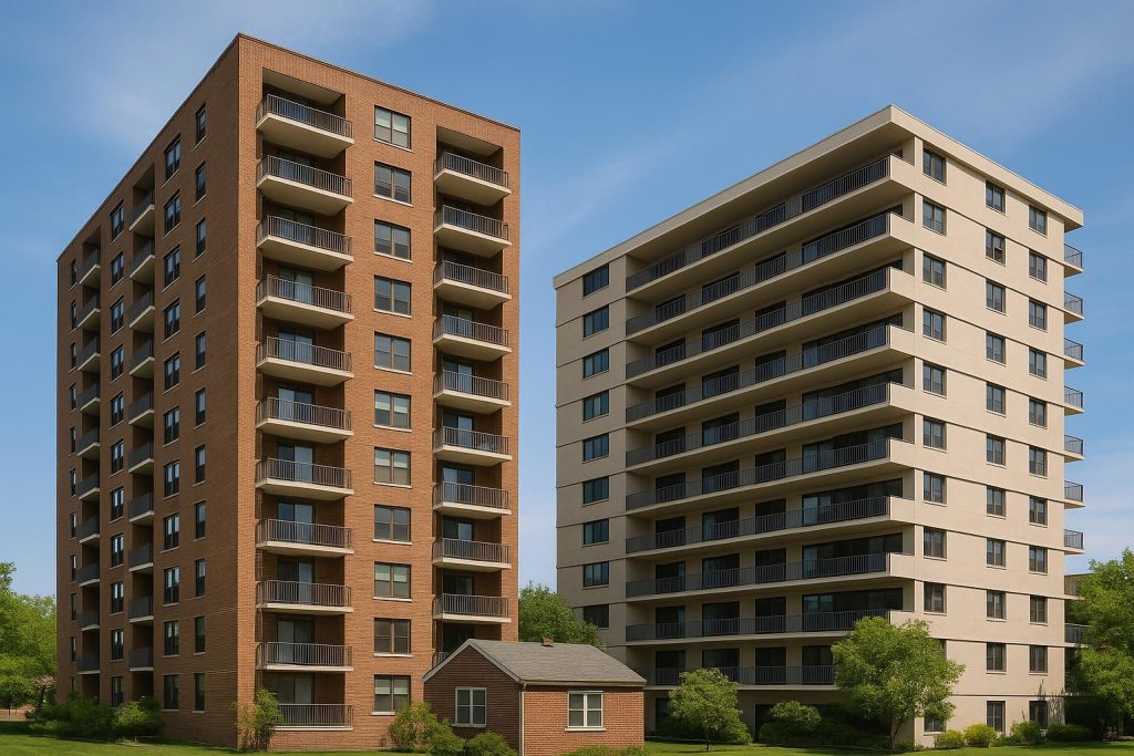 Modern condominium building exterior illustrating deconversion process and real estate investment benefits