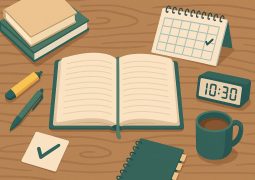 Open textbook, notebook, and laptop arranged for organized college study session on a desk