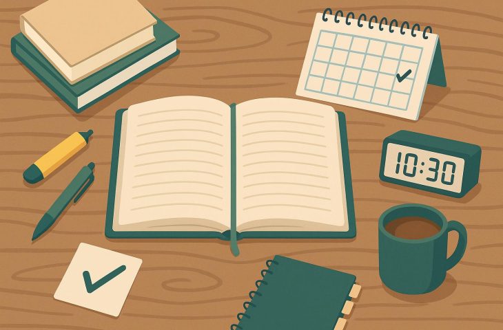 Open textbook, notebook, and laptop arranged for organized college study session on a desk