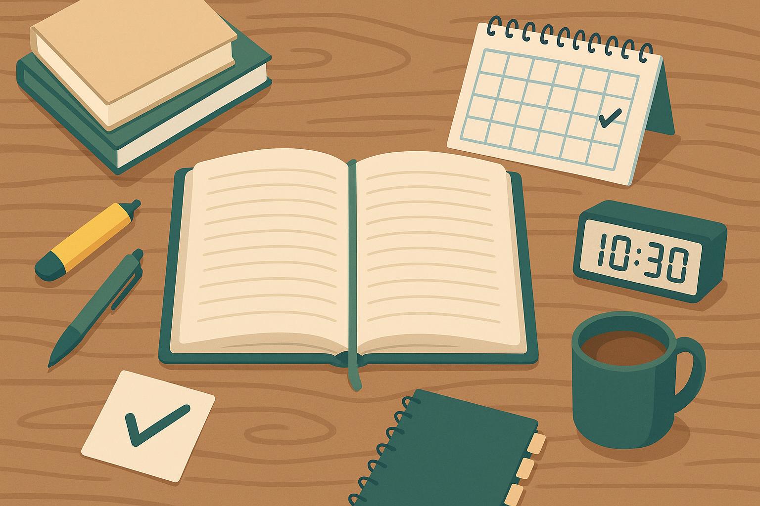 Open textbook, notebook, and laptop arranged for organized college study session on a desk