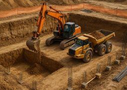 Excavation machinery digging foundation trenches for construction during site preparation