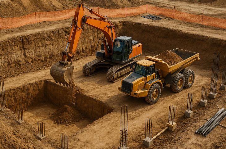 Excavation machinery digging foundation trenches for construction during site preparation