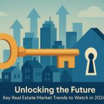 Digital key unlocking smart city skyline, symbolizing future real estate market trends
