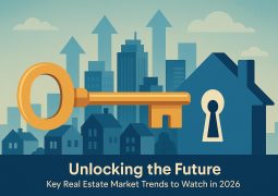 Digital key unlocking smart city skyline, symbolizing future real estate market trends