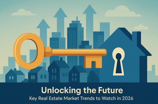 Digital key unlocking smart city skyline, symbolizing future real estate market trends