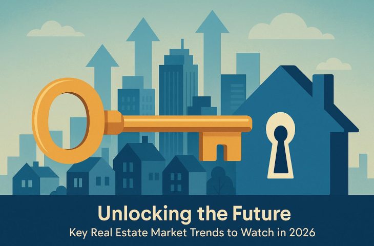 Digital key unlocking smart city skyline, symbolizing future real estate market trends