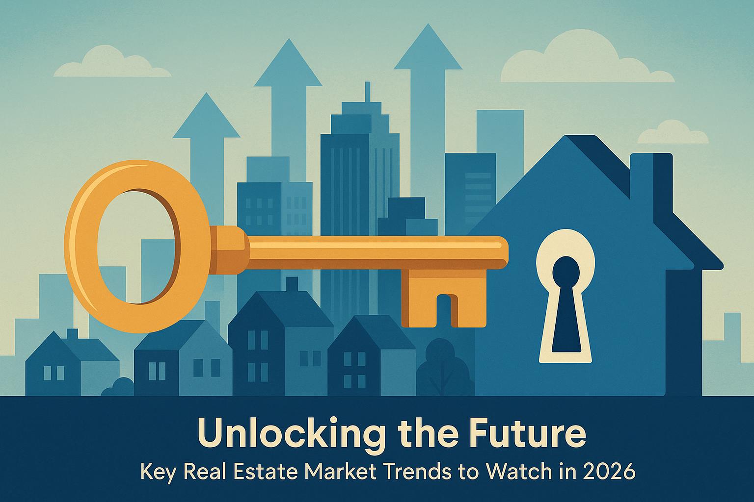 Digital key unlocking smart city skyline, symbolizing future real estate market trends