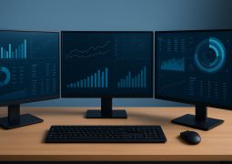 Dual monitors on a modern desk displaying productivity software and organized digital workspace