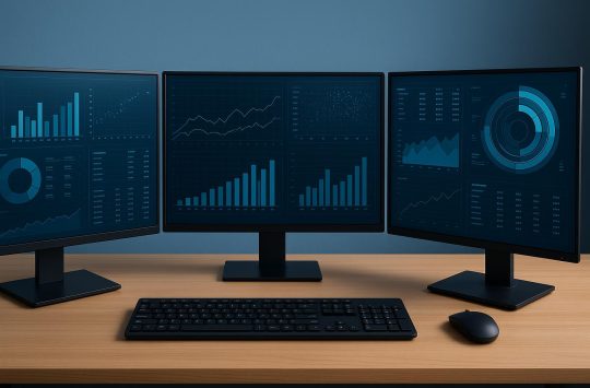 Dual monitors on a modern desk displaying productivity software and organized digital workspace