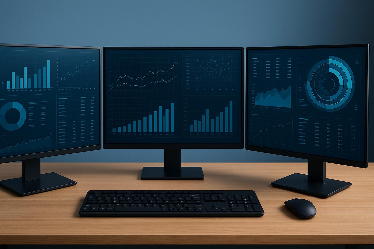 Dual monitors on a modern desk displaying productivity software and organized digital workspace