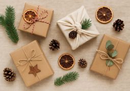 Eco-friendly holiday gifts wrapped in reusable materials with natural decorations.