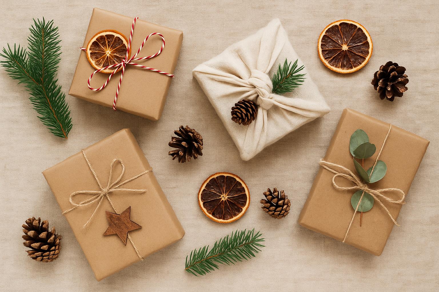Eco-friendly holiday gifts wrapped in reusable materials with natural decorations.