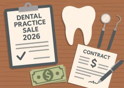 Modern dental clinic exterior with "For Sale" sign highlighting dental practice transitions