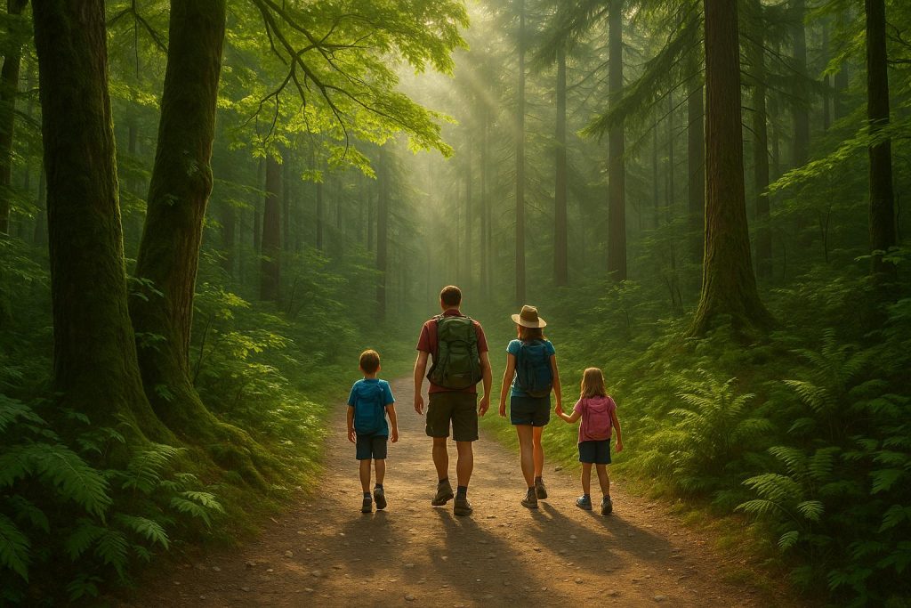 Family hiking together on a forest trail, illustrating strengthened family bonds through outdoor activity