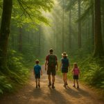 Family hiking together on a forest trail, illustrating strengthened family bonds through outdoor activity