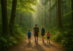 Family hiking together on a forest trail, illustrating strengthened family bonds through outdoor activity