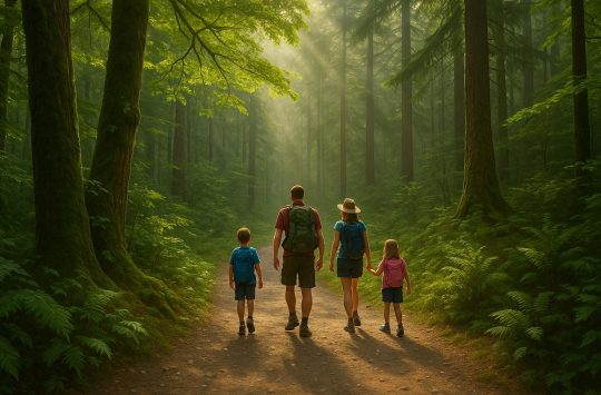Family hiking together on a forest trail, illustrating strengthened family bonds through outdoor activity