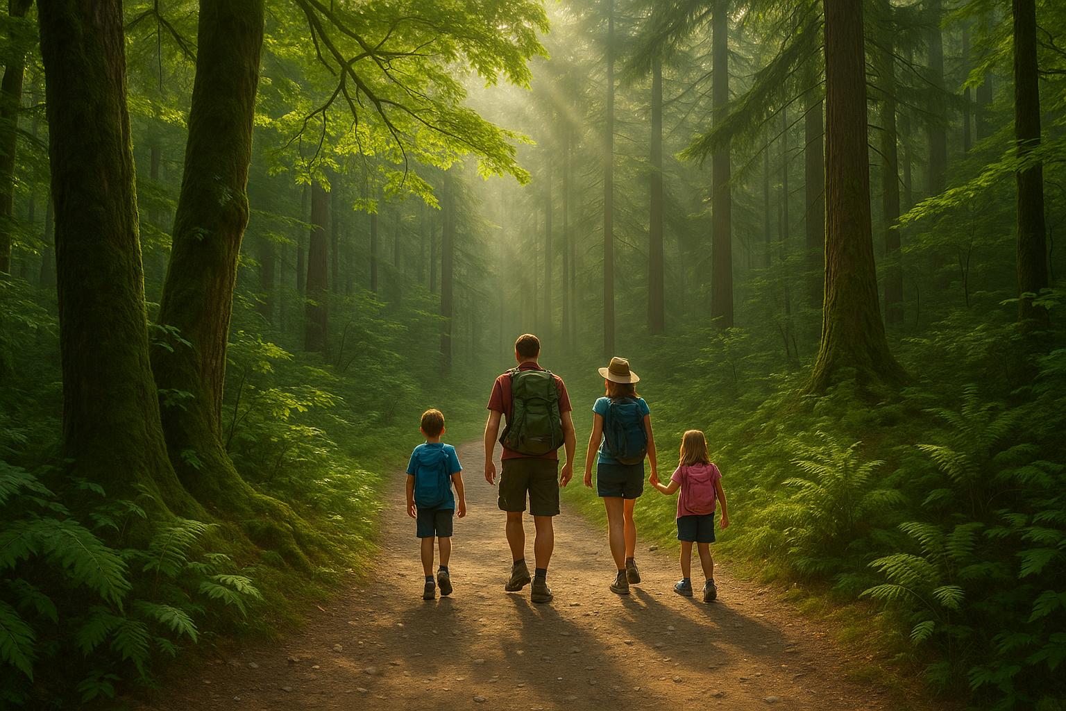Family hiking together on a forest trail, illustrating strengthened family bonds through outdoor activity
