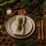Rustic holiday table with natural greenery, wood accents, and organic festive decorations