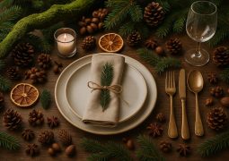 Rustic holiday table with natural greenery, wood accents, and organic festive decorations