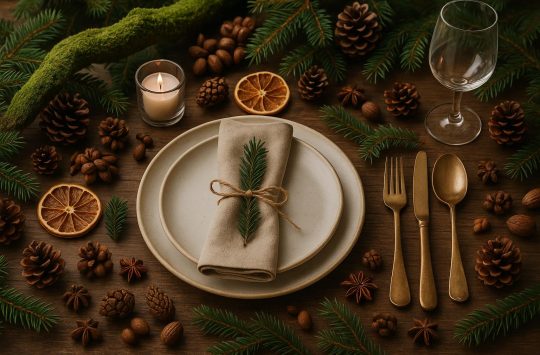 Rustic holiday table with natural greenery, wood accents, and organic festive decorations