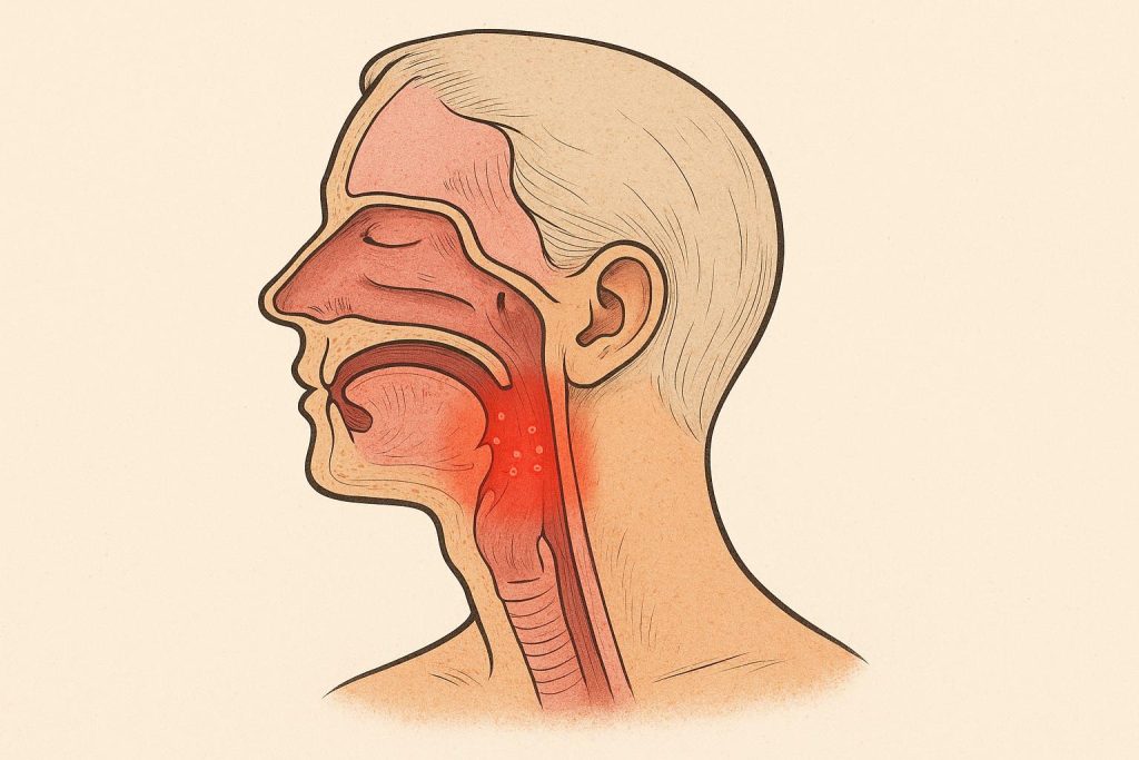 Close-up of inflamed throat showing redness and swelling, indicating persistent sore throat symptoms