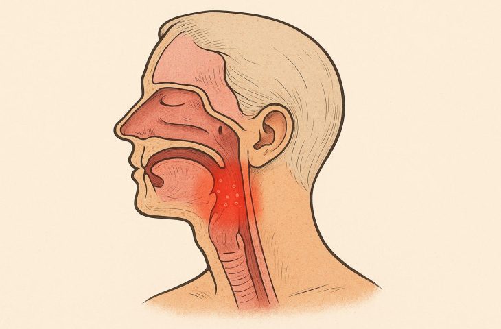 Close-up of inflamed throat showing redness and swelling, indicating persistent sore throat symptoms