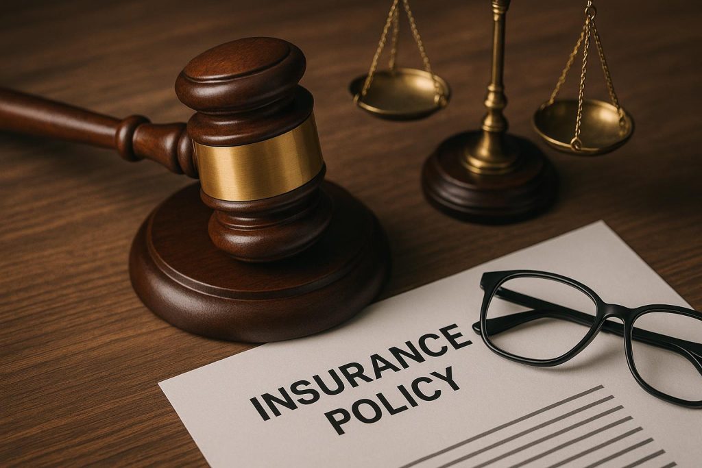 Legal documents, gavel, and insurance policy representing challenges in suing insurance companies
