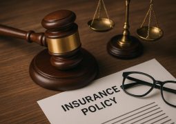 Legal documents, gavel, and insurance policy representing challenges in suing insurance companies
