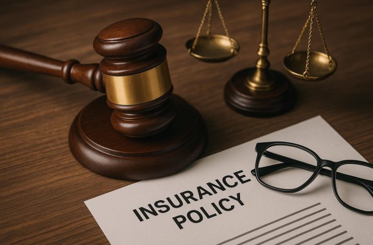 Legal documents, gavel, and insurance policy representing challenges in suing insurance companies
