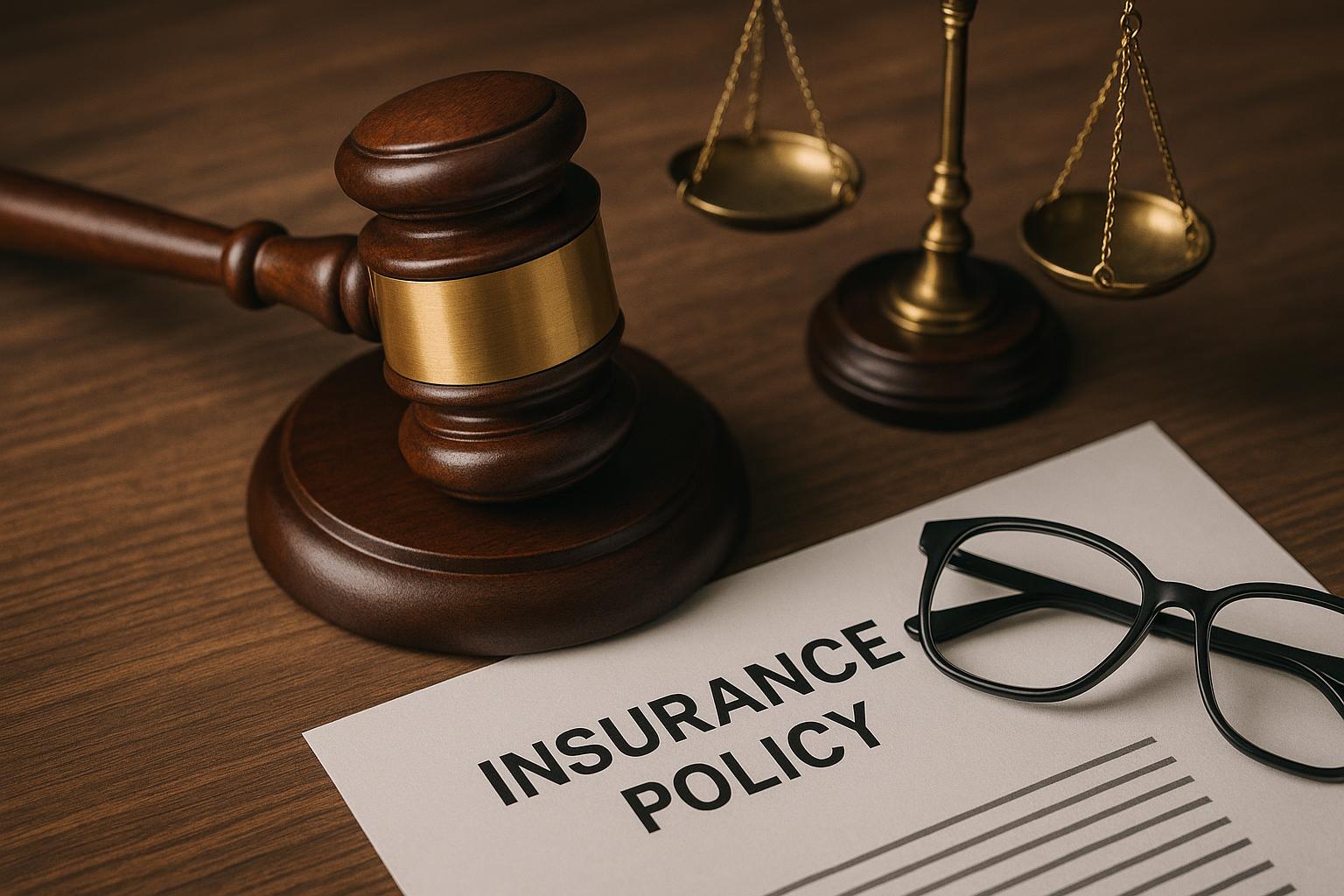 Legal documents, gavel, and insurance policy representing challenges in suing insurance companies