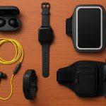 Wireless earbuds, fitness tracker, and armband displayed with running shoes on a track