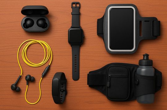Wireless earbuds, fitness tracker, and armband displayed with running shoes on a track