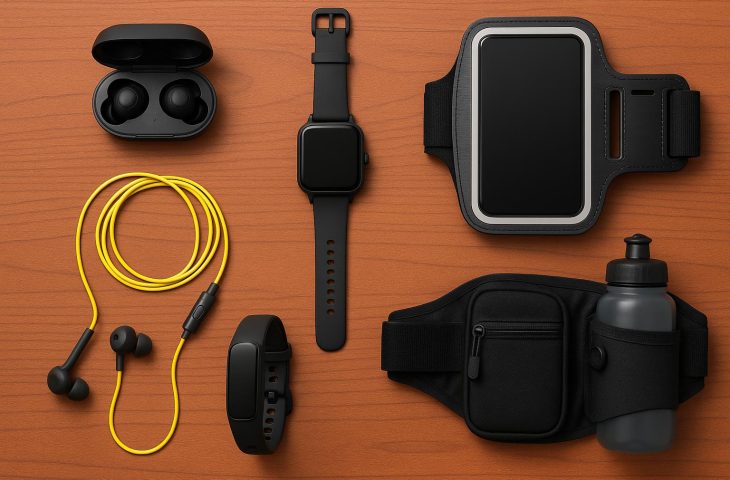 Wireless earbuds, fitness tracker, and armband displayed with running shoes on a track