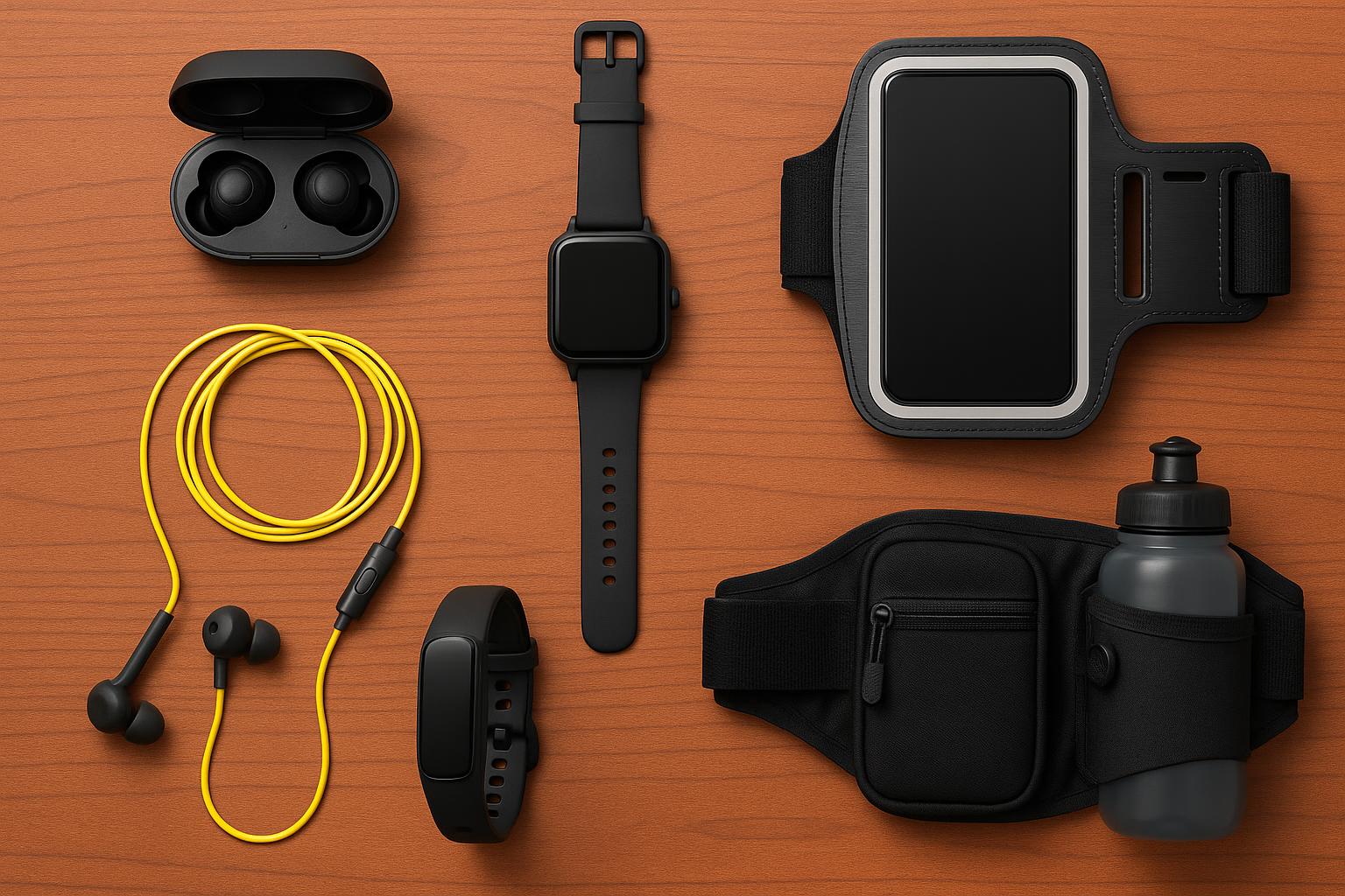 Wireless earbuds, fitness tracker, and armband displayed with running shoes on a track