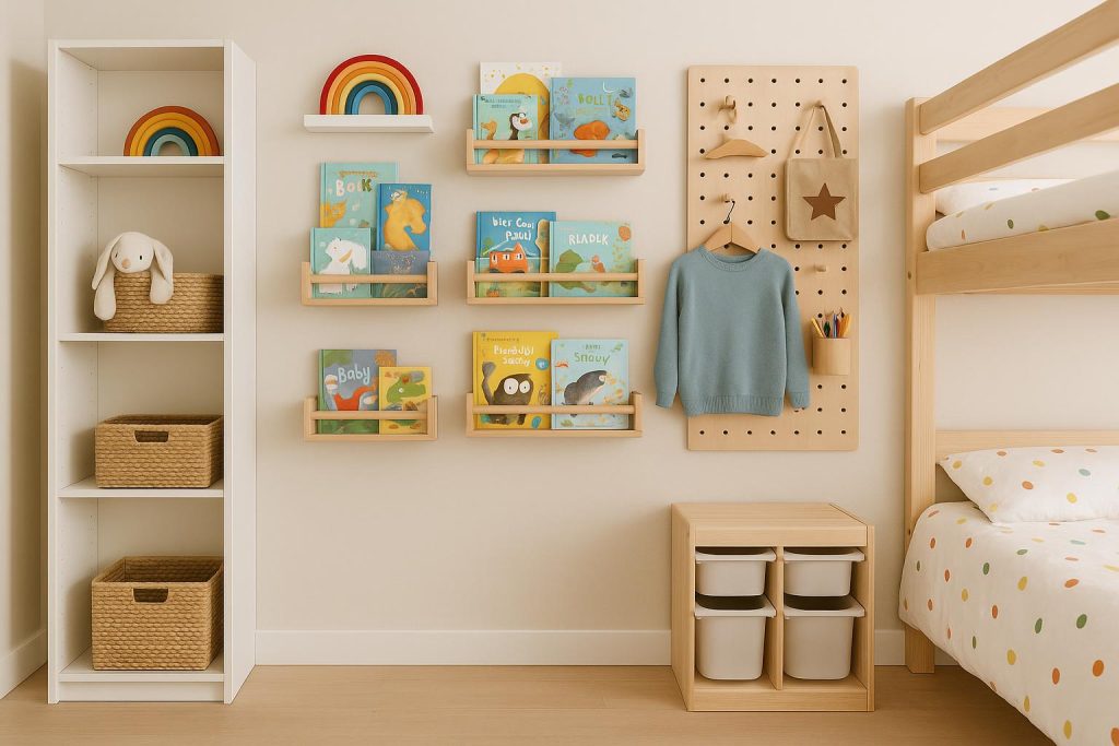 Colorful vertical shelves organizing toys and books in a modern condo kids' bedroom.