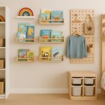 Colorful vertical shelves organizing toys and books in a modern condo kids' bedroom.