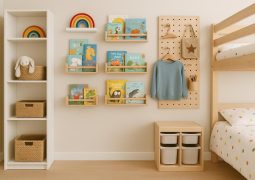 Colorful vertical shelves organizing toys and books in a modern condo kids' bedroom.