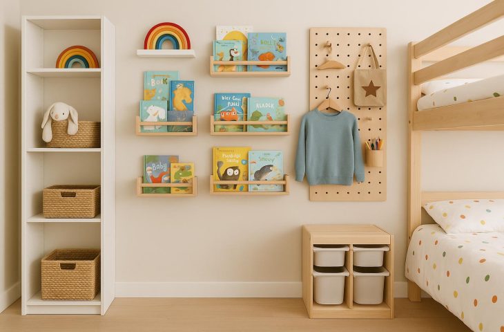 Colorful vertical shelves organizing toys and books in a modern condo kids' bedroom.
