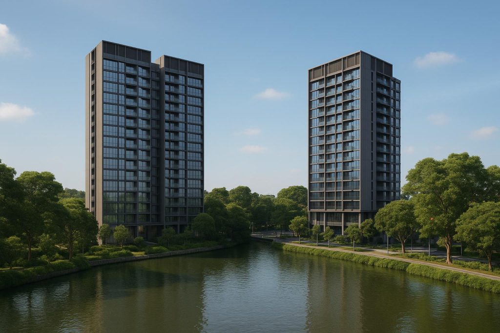 River Modern condo exterior with skyline views, opposite Promenade Peak, Singapore real estate