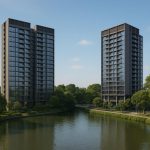 River Modern condo exterior with skyline views, opposite Promenade Peak, Singapore real estate