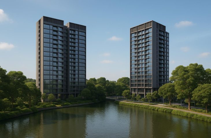 River Modern condo exterior with skyline views, opposite Promenade Peak, Singapore real estate